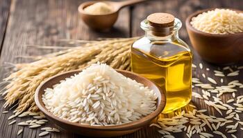 AI generated Rice bran oil in bottle glass and unmilled rice on wooden background photo