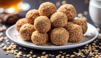 AI generated Sesame seed balls on white plate photo