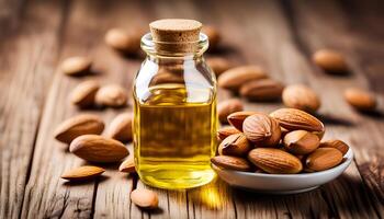 AI generated Almond oil in glass bottle and almonds on wooden table photo