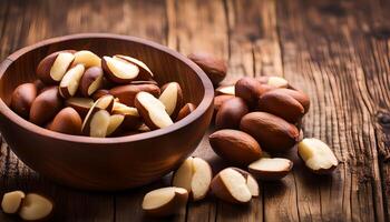 AI generated Brazil nuts in wooden bowl photo