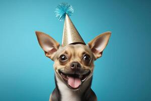 AI generated Cute happy smiling chihuahua dog wearing a party birthday hat on a light blue studio background photo