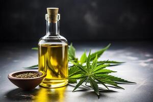 AI generated Glass bottle of hemp oil with a small bowl of seeds and green hemp leaves on a dark background with smoke photo