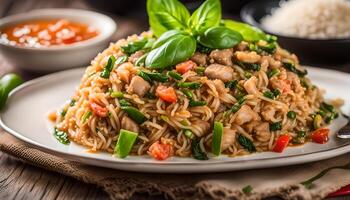 AI generated Basil fried rice with pork , Thai food photo