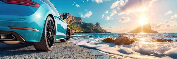 AI generated Scenic panoramic view from ground of a blue car on the seashore with the sun rising over the green cliffs in the background photo