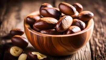 AI generated Brazil nuts in wooden bowl photo