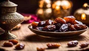 AI generated Ramadan lamp and dates still life photo