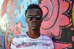 ai generado retrato de un joven hermoso africano hombre en Gafas de sol en contra el antecedentes de un pintado pared foto