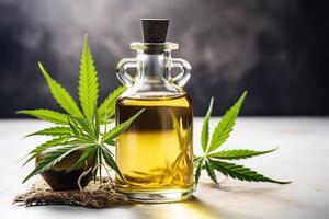 AI generated Glass bottle of hemp oil, small bowl and green hemp leaves on a light table on a dark background with smoke photo