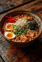 AI generated vertical image of closeup bowl of delicious ramen on a wooden table, tasty traditional asian noodle soup photo