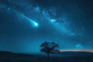 ai generado un brillante cometa en el noche estrellado cielo moscas terminado un árbol en un campo antes de amanecer foto