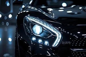 AI generated Close view of the glowing headlight of a shiny new black car parked indoors under bright lights photo