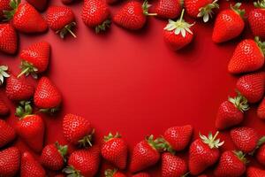 AI generated sweet red ripe strawberry frame on red background top view, fresh berries template with copy space photo