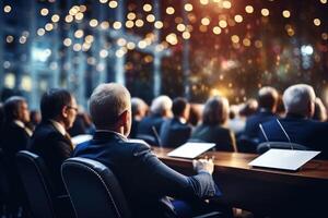 AI generated Unrecognizable people sit in a large hall and listen to a speaker at a symposium photo