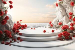 AI generated white round platform podium with red roses flowers on blurred sea background, template for montage or product advertising presentation photo