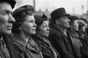 ai generado negro y blanco retro imagen de un grupo de grave trabajadores a un derechos protesta reunión foto