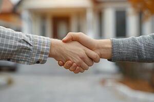 AI generated Closeup of two people shaking hands, a gesture finalizing a deal, against a blurred background of a new large house photo