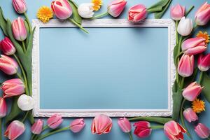 AI generated pink tulips flowers with white frame on blue background top view, beautiful floral template with copy space photo