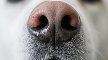 AI generated White dog nose. Detailed close-up of a cute dogs pink nose. photo