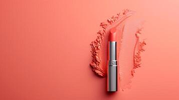 AI generated Shiny Silver Lipstick with Coral Pink Cap on Coral Pink Background photo