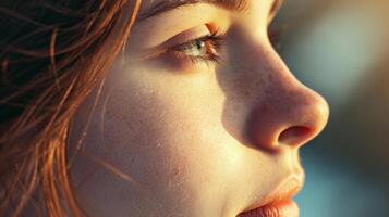 AI generated Close-up portrait of a young beautiful woman with freckles on her face photo