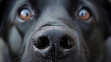 AI generated Close up of a curious black dogs nose with deep brown eyes and short black fur photo