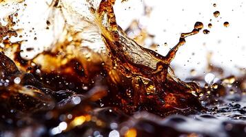 AI generated Vibrant Amber Liquid Splashing Out of a Glass, Creating a Beautiful Crown Shape on White Background photo