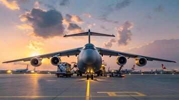 ai generado un carga avión a el aeropuerto muelles cargas o descarga carga. ai generado foto