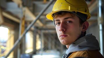 ai generado un hombre, un obrero, un constructor por profesión, en un uniforme y un casco. ai generado foto