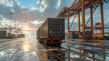 AI generated Truck trailer on the pier in the cargo port terminal with cranes and containers. AI Generated photo