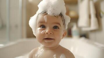 ai generado un linda pequeño niño con pequeño espuma en su cabeza. ai generado foto