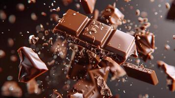 AI generated Sweet dark chocolate bar broken into pieces. AI Generated photo