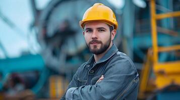 AI generated Portrait of a working man in a uniform and a hard hat. AI Generated photo