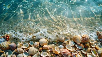 ai generado azur costa de el Oceano con palma árboles, arena, navegar y conchas ai generado foto