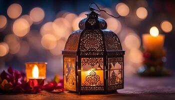 AI generated Ornamental Arabic lantern with burning candle glowing at night. photo