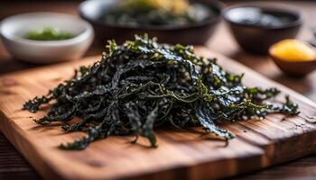 AI generated Crispy dried seaweed on wooden plate photo