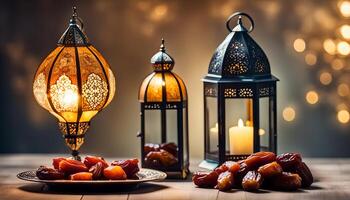 AI generated Ramadan lamp and dates still life photo