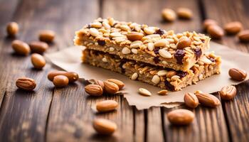 AI generated Granola bars on wooden table and peanuts photo