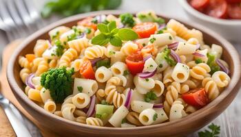 ai generado macarrones ensalada con codo pasta y vegetales en cuenco foto