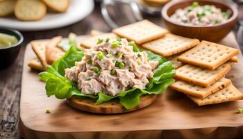 AI generated Crackers with tuna salad on wooden plate photo