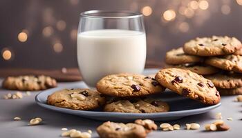 AI generated Oatmeal cookies with sesame seeds and glass of milk photo