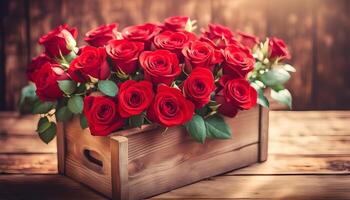AI generated Bouquet of red roses in bucket on wooden crate  filtered image photo
