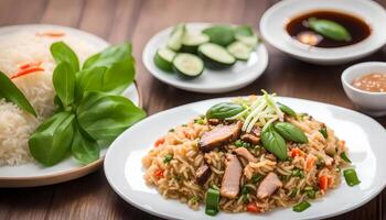 AI generated Basil fried rice with pork , Thai food photo