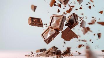 AI generated Sweet dark chocolate bar broken into pieces. AI Generated photo