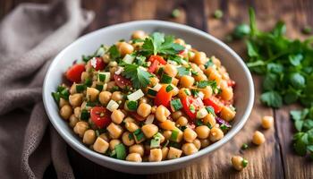 AI generated Chickpea salad in bowl, healthy vegan food photo