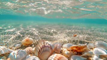 ai generado azur costa de el Oceano con palma árboles, arena, navegar y conchas ai generado foto