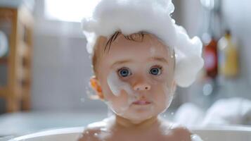 ai generado un linda pequeño niño con pequeño espuma en su cabeza. ai generado foto