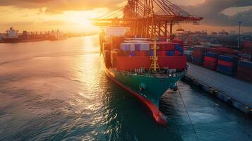 AI generated A ship for transporting cargo containers and also unloading it at the docks of a cargo port. AI Generated photo
