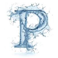 AI generated Latin letter P, texture of water, ice and splashes on white background. Close-up of one isolated large letter P. photo