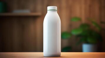 AI generated Single white milk bottle mockup on wooden table with blurred background photo