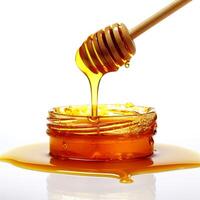 AI generated Wooden Honey Dipper Dipped in Jar of Golden Honey on White Background with Honey Splash Nearby. photo